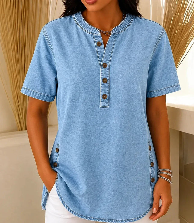Women's Tunic Top with Short Sleeve Henley Placket
