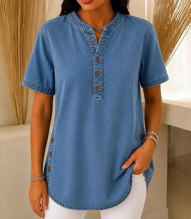 Women's Tunic Top with Short Sleeve Henley Placket