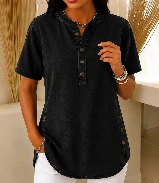 Women's Tunic Top with Short Sleeve Henley Placket