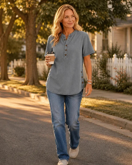 Women's Tunic Top with Short Sleeve Henley Placket