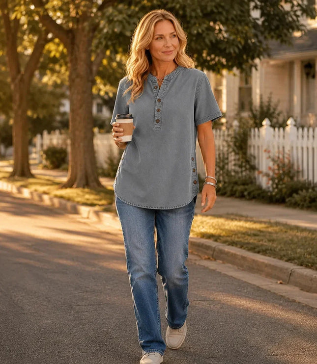 Women's Tunic Top with Short Sleeve Henley Placket