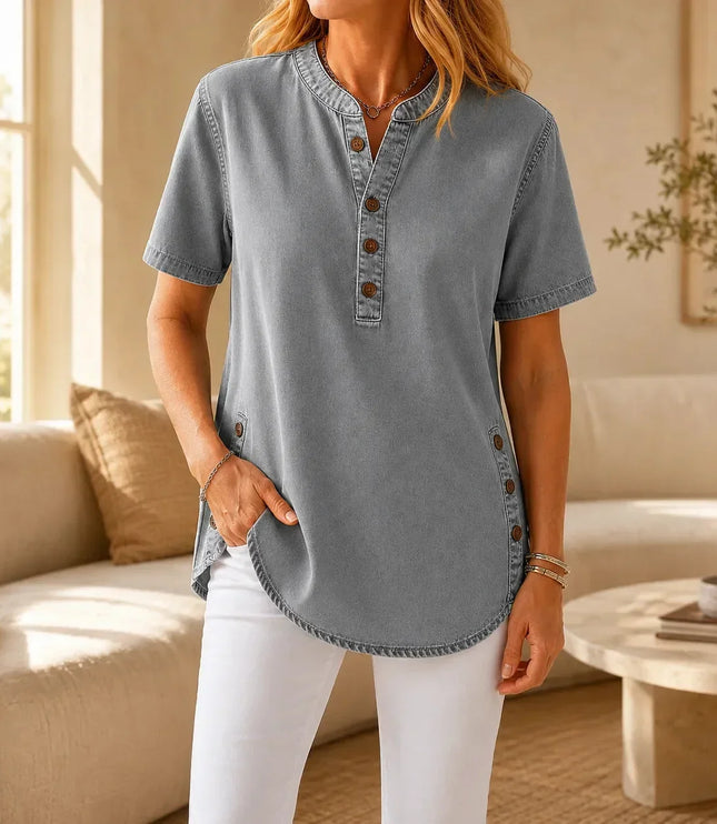 Women's Tunic Top with Short Sleeve Henley Placket