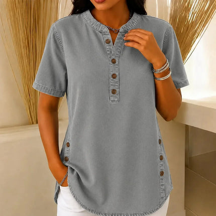 Women's Tunic Top with Short Sleeve Henley Placket