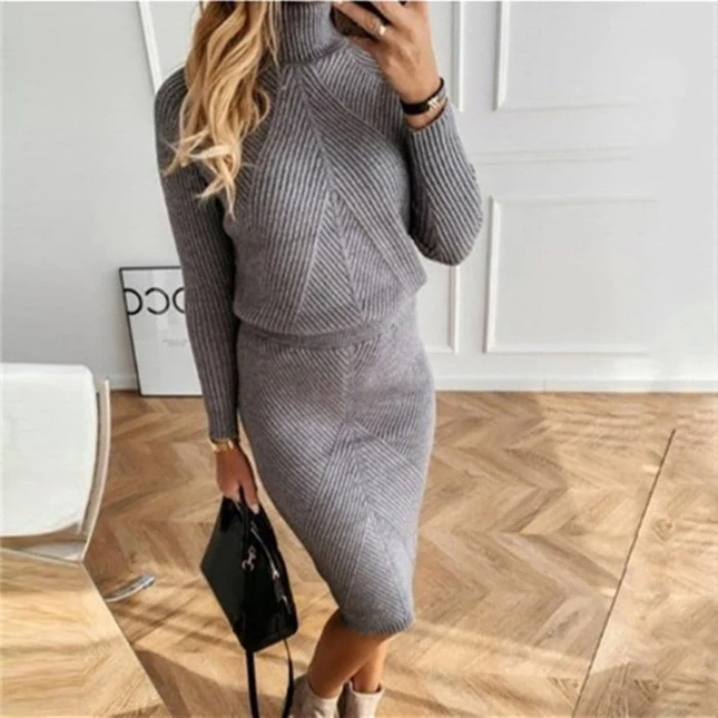 Women's Turtleneck Knit Midi Dress with Dropped Shoulders