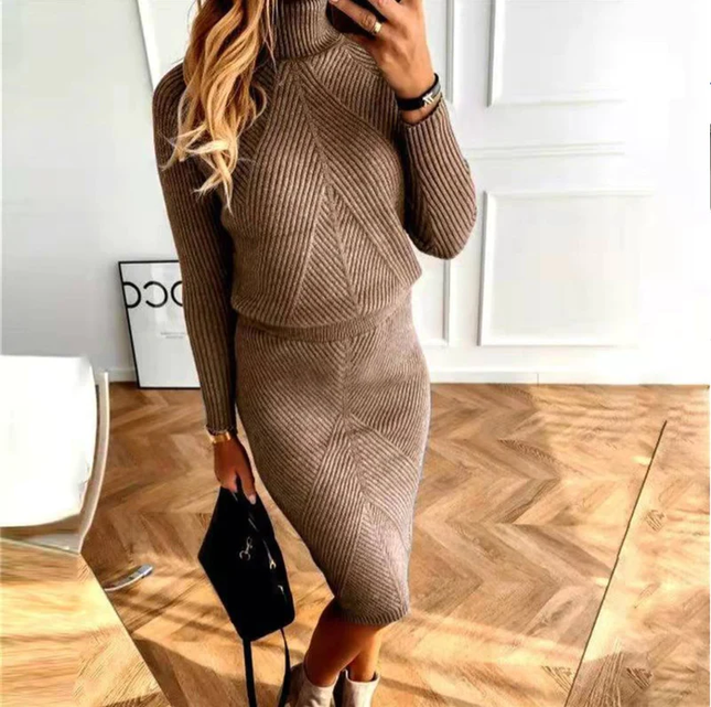 Women's Turtleneck Knit Midi Dress with Dropped Shoulders