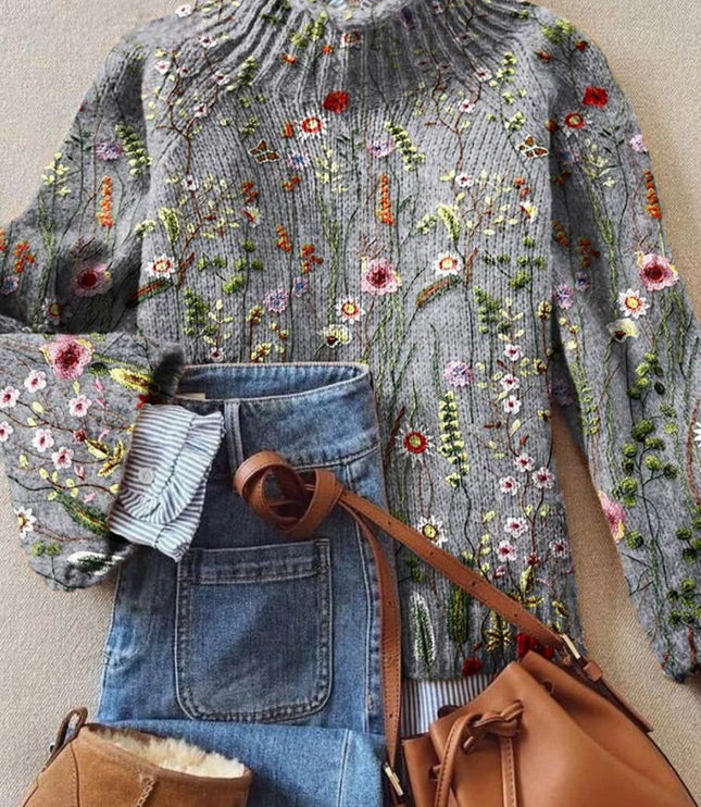 Women's Turtleneck Knit Sweater with Floral Embroidery