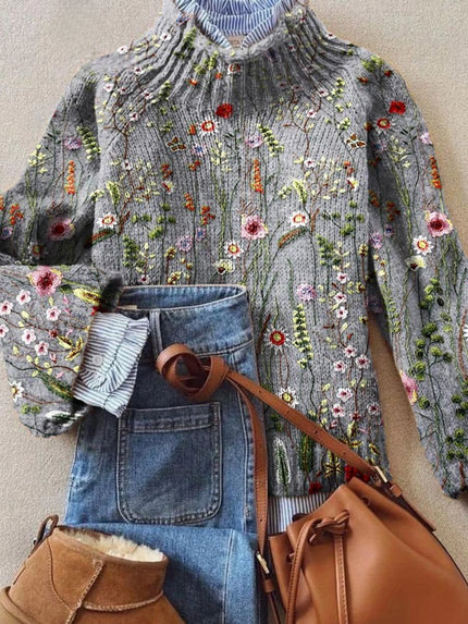 Women's Turtleneck Knit Sweater with Floral Embroidery