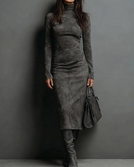 Women's Turtleneck Midi Dress with Faux Suede Finish