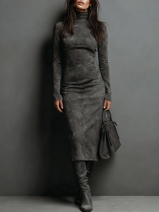 Women's Turtleneck Midi Dress with Faux Suede Finish