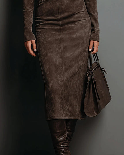 Women's Turtleneck Midi Dress with Faux Suede Finish