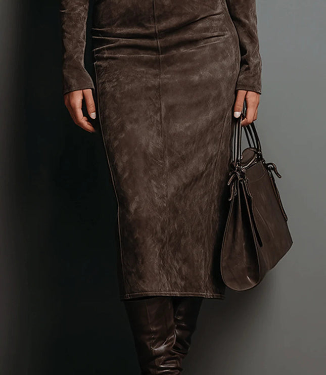 Women's Turtleneck Midi Dress with Faux Suede Finish
