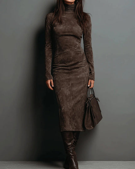 Women's Turtleneck Midi Dress with Faux Suede Finish