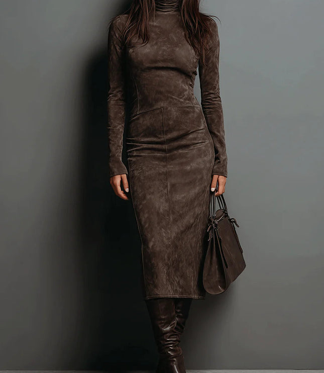 Women's Turtleneck Midi Dress with Faux Suede Finish