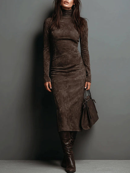 Women's Turtleneck Midi Dress with Faux Suede Finish