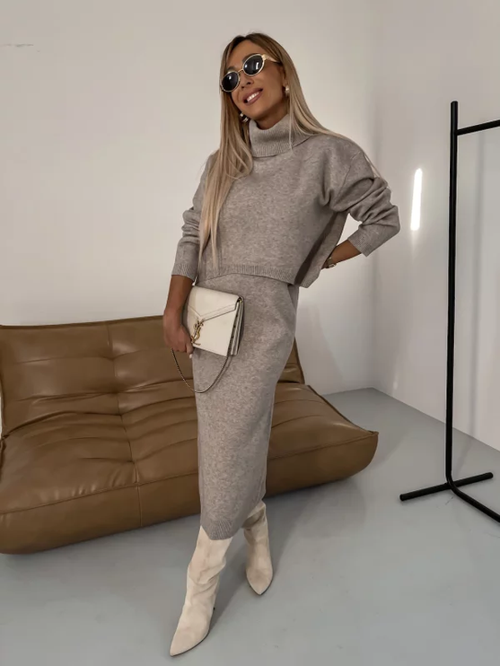 Women's Turtleneck Sweater and Long Skirt Knit Set