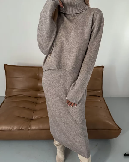 Women's Turtleneck Sweater and Long Skirt Knit Set