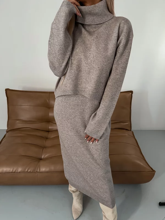 Women's Turtleneck Sweater and Long Skirt Knit Set