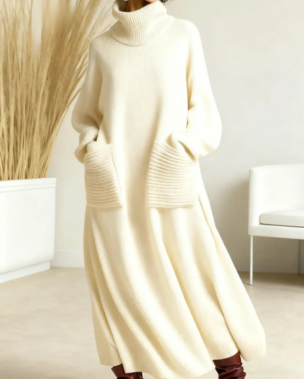 Women's Turtleneck Sweater Maxi Dress with Pockets