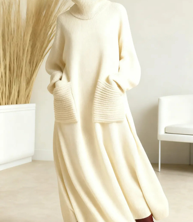 Women's Turtleneck Sweater Maxi Dress with Pockets