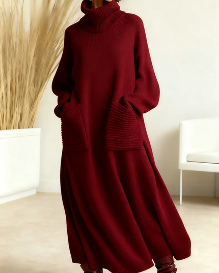 Women's Turtleneck Sweater Maxi Dress with Pockets