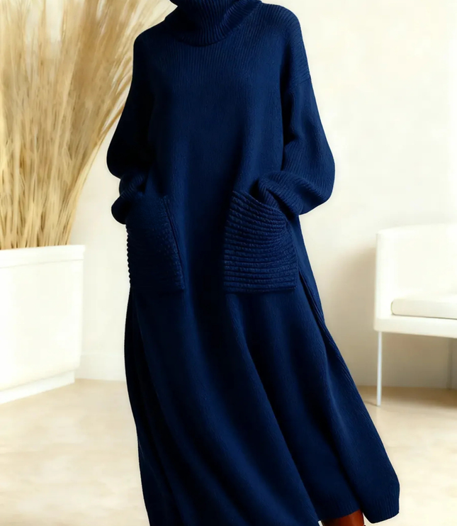 Women's Turtleneck Sweater Maxi Dress with Pockets