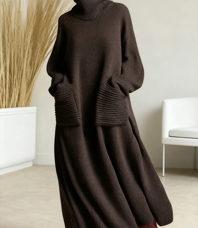 Women's Turtleneck Sweater Maxi Dress with Pockets