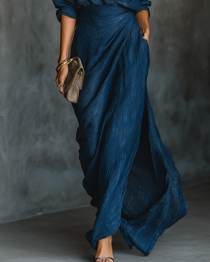 Women's Two-Piece Maxi Set in Navy with Long Sleeves