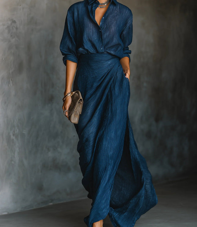 Women's Two-Piece Maxi Set in Navy with Long Sleeves