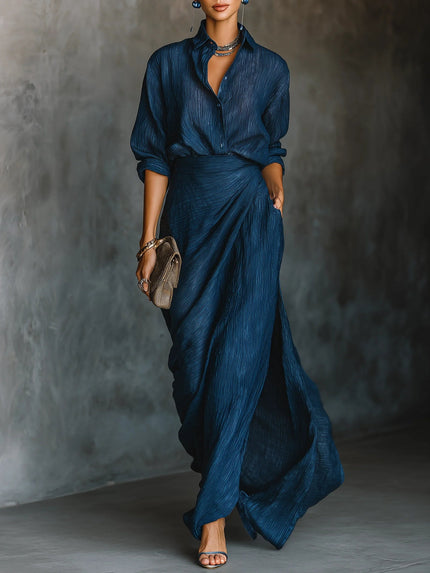 Women's Two-Piece Maxi Set in Navy with Long Sleeves