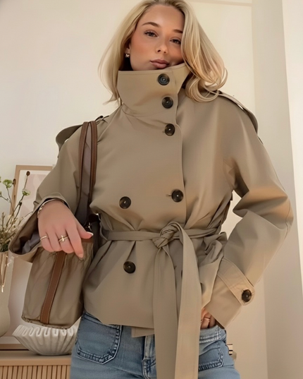 Women's Utility Jacket with Double-Breasted Front and Stand Collar