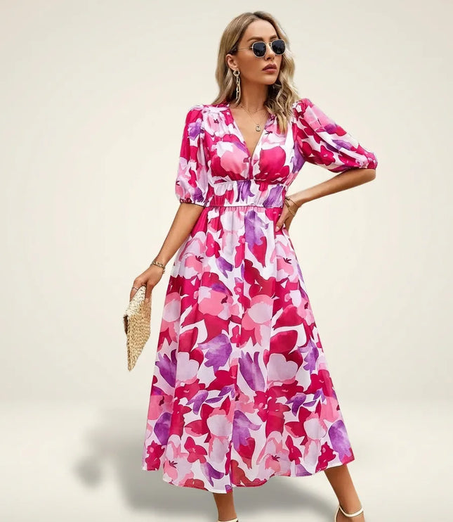 Women pink magenta floral midi dress with puffed sleeves and defined waist