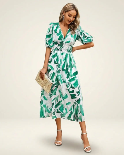 Women green leaf print midi dress with puffed sleeves and V-neckline