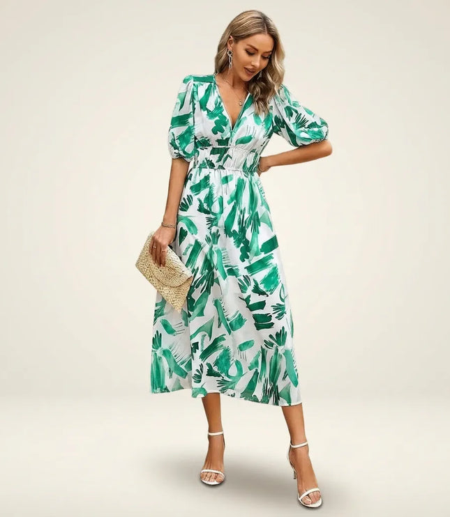 Women green leaf print midi dress with puffed sleeves and V-neckline