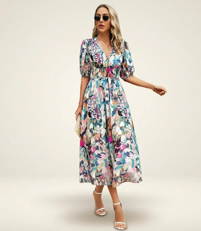 Women multicolor floral midi dress with V-neckline and mid-length puffed sleeves
