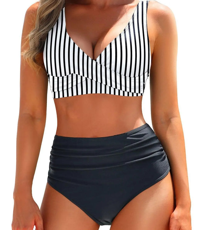 Black v-neck wrap bikini top with crossover design and high-waisted ruched bottom