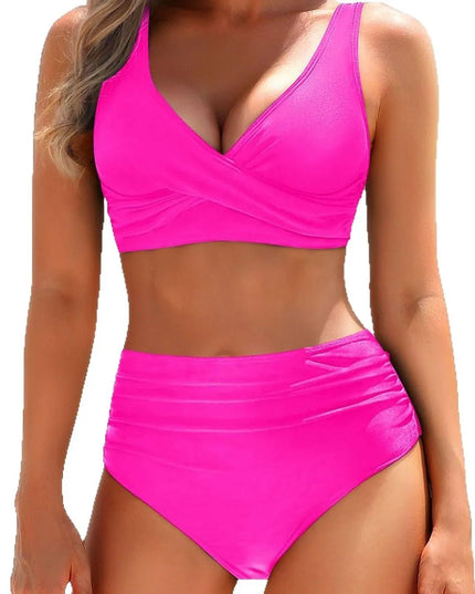 Sage green v-neck wrap bikini top with ruched high-waisted solid bottom