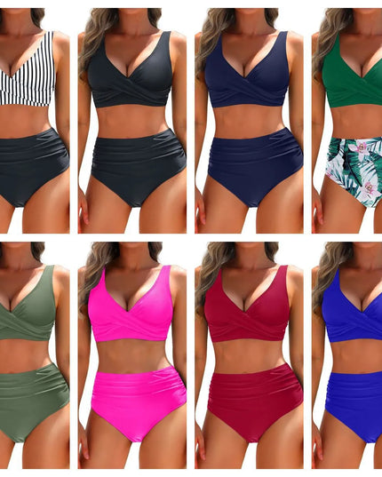 White and black striped v-neck wrap bikini top with high-waisted black bottom