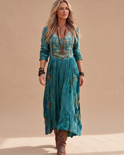 Women's V Neck Maxi Dress in Boho Floral with Long Sleeve
