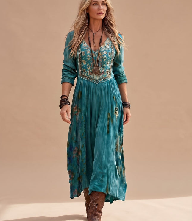 Women's V Neck Maxi Dress in Boho Floral with Long Sleeve