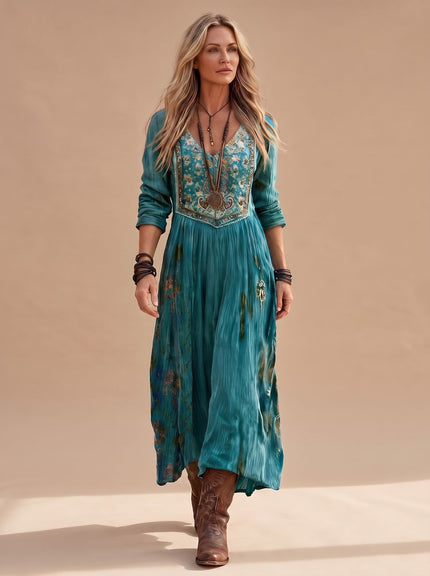 Women's V Neck Maxi Dress in Boho Floral with Long Sleeve
