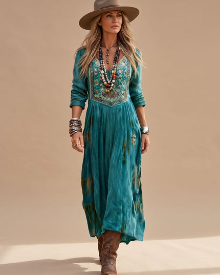 Women's V Neck Maxi Dress in Boho Floral with Long Sleeve
