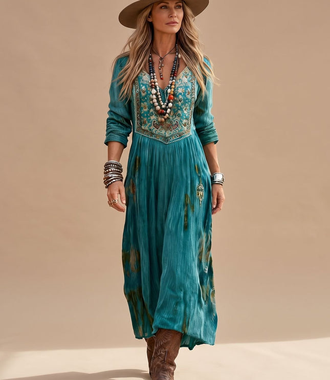 Women's V Neck Maxi Dress in Boho Floral with Long Sleeve