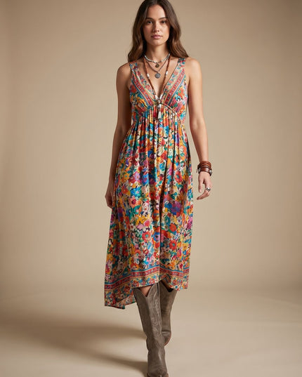 Women's V Neck Maxi Sundress in Boho Floral, 3/4 Sleeve
