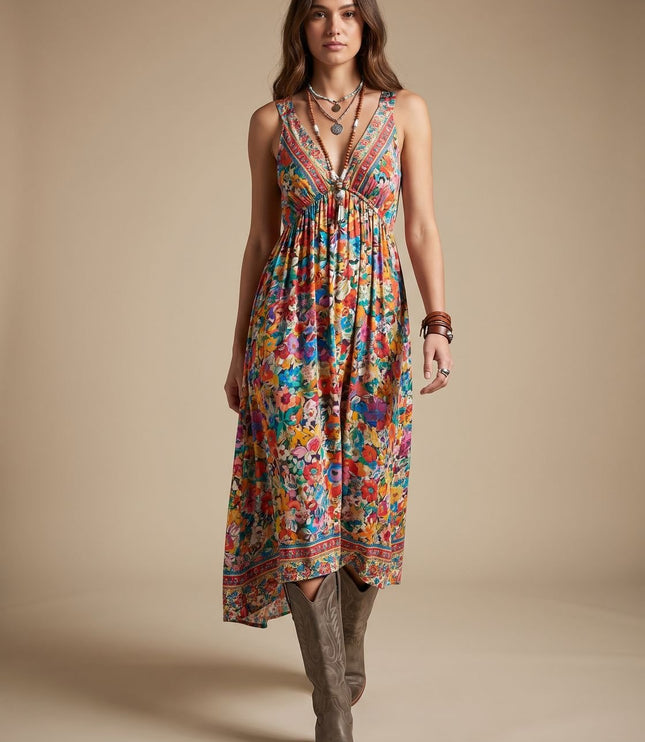 Women's V Neck Maxi Sundress in Boho Floral, 3/4 Sleeve