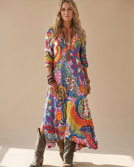 Women's V Neck Maxi Sundress in Boho Floral, 3/4 Sleeve