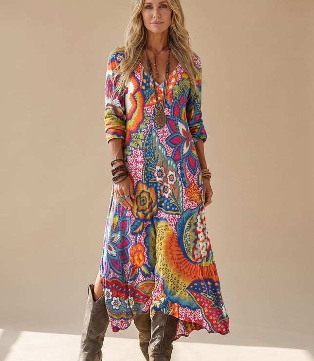 Women's V Neck Maxi Sundress in Boho Floral, 3/4 Sleeve