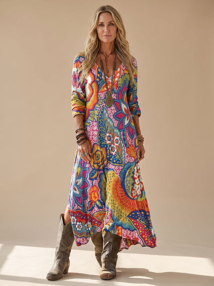 Women's V Neck Maxi Sundress in Boho Floral, 3/4 Sleeve