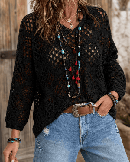 Women's V-Neck Pullover Top in a Relaxed Open Crochet Knit