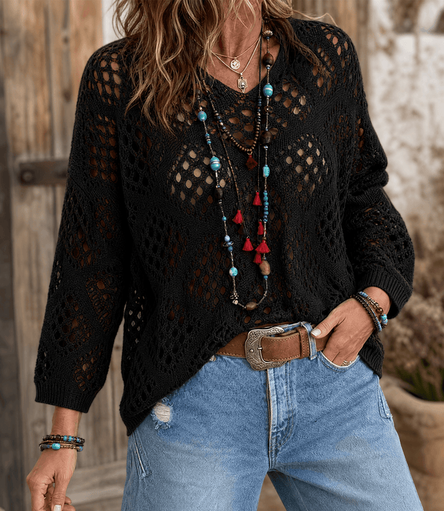 Women's V-Neck Pullover Top in a Relaxed Open Crochet Knit