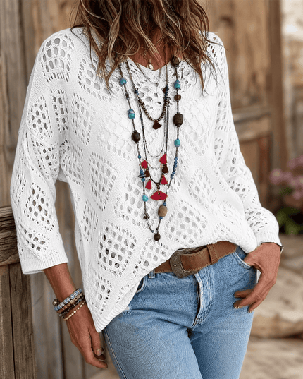 Women's V-Neck Pullover Top in a Relaxed Open Crochet Knit